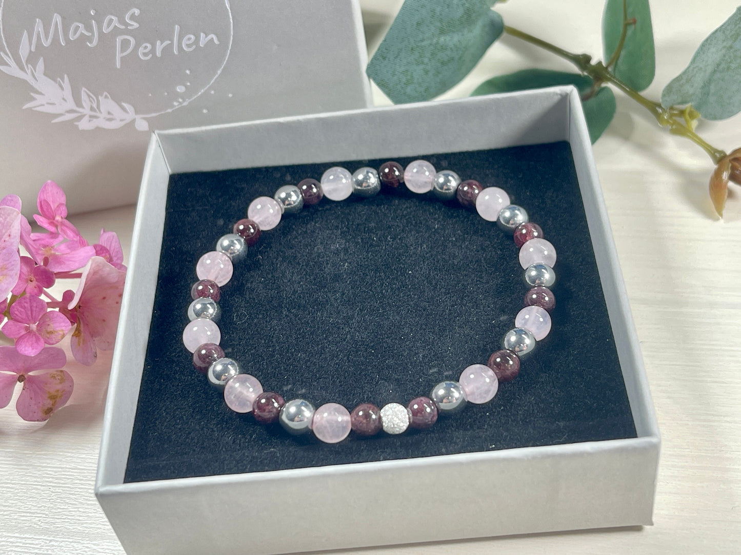 Armband Fruchtbarkeit Granat Rosenquarz Hämatit echt 6mm mit 925er Sterling Silber Gold Roségold 5mm facettiert - Handmade