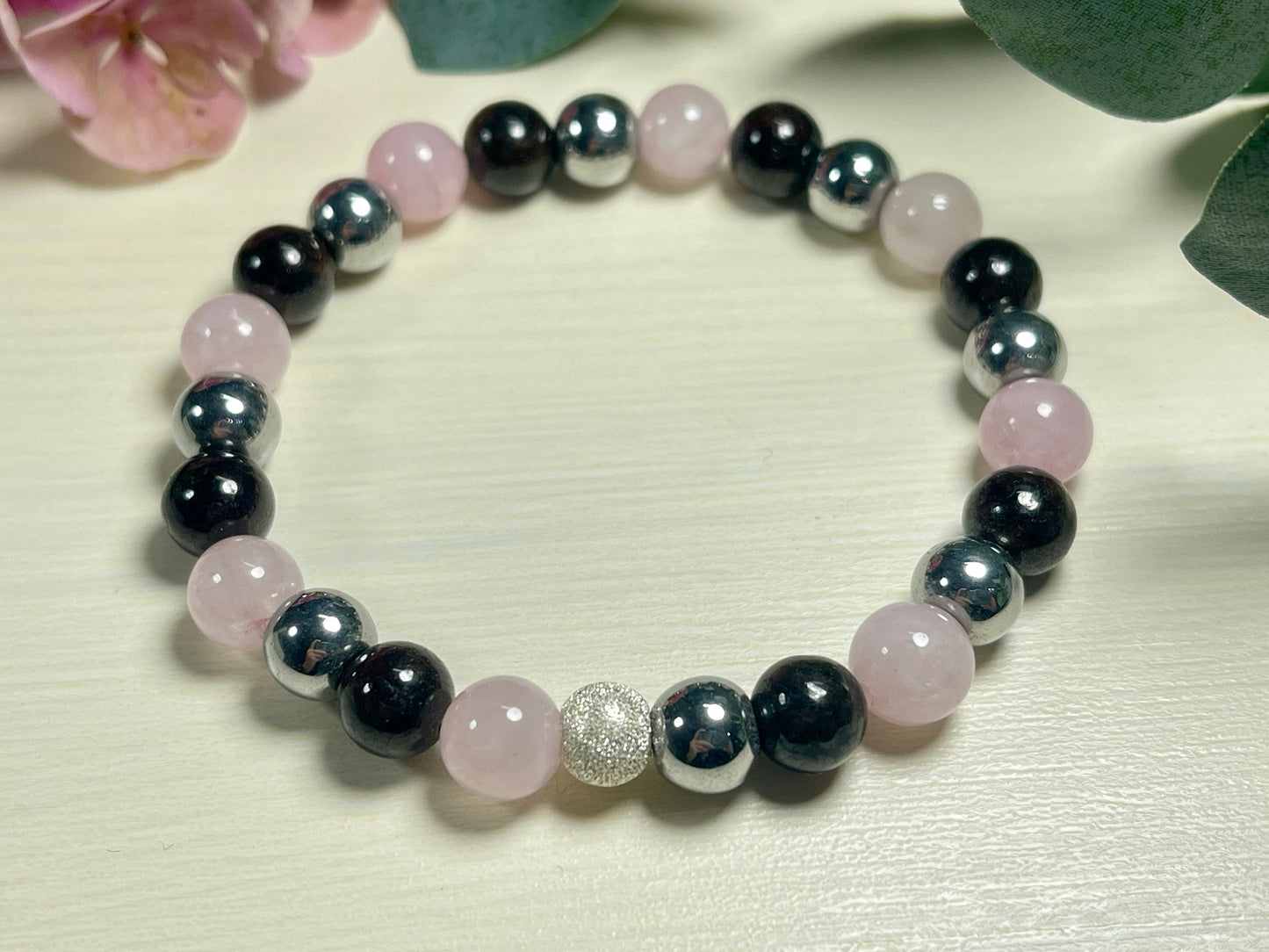 Armband Fruchtbarkeit Granat Rosenquarz Hämatit echt 8mm mit 925er Sterling Silber Gold Roségold 7mm facettiert - Handmade