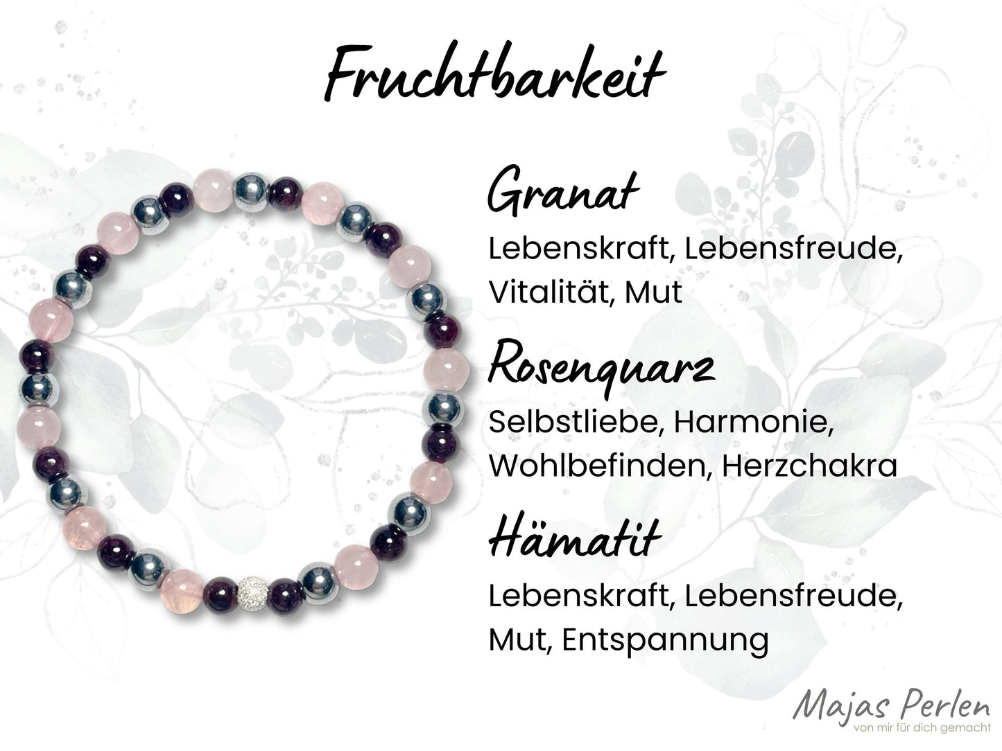 Armband Fruchtbarkeit Granat Rosenquarz Hämatit echt 6mm mit 925er Sterling Silber Gold Roségold 5mm facettiert - Handmade
