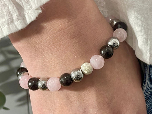 Armband Fruchtbarkeit Granat Rosenquarz Hämatit echt 8mm mit 925er Sterling Silber Gold Roségold 7mm facettiert - Handmade