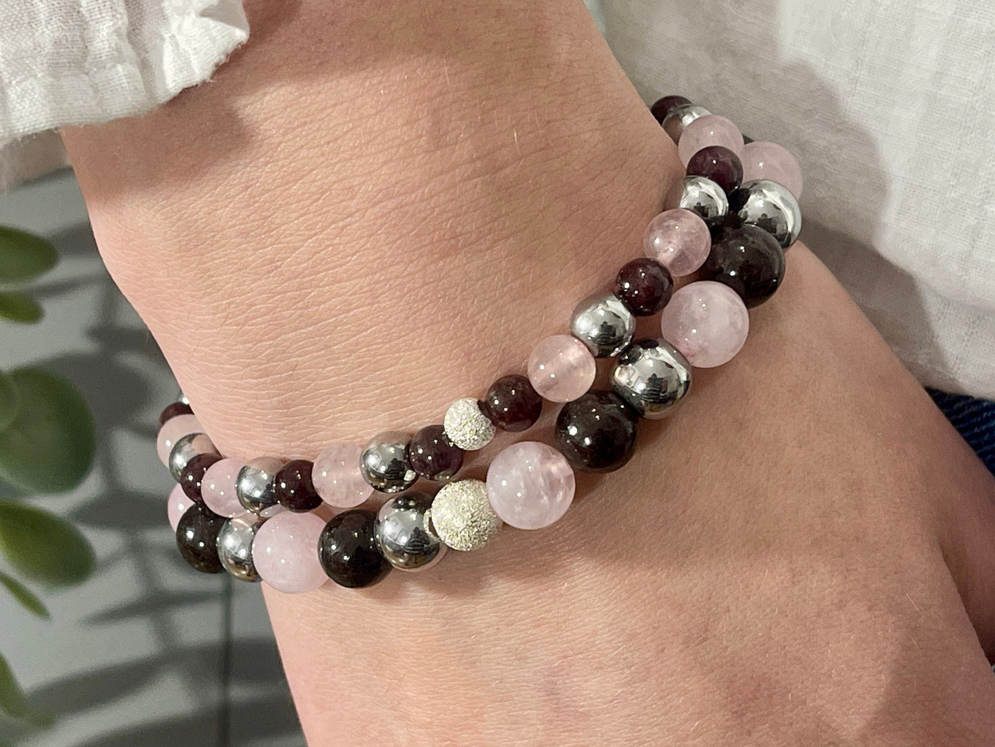 Armband Fruchtbarkeit Granat Rosenquarz Hämatit echt 6mm mit 925er Sterling Silber Gold Roségold 5mm facettiert - Handmade