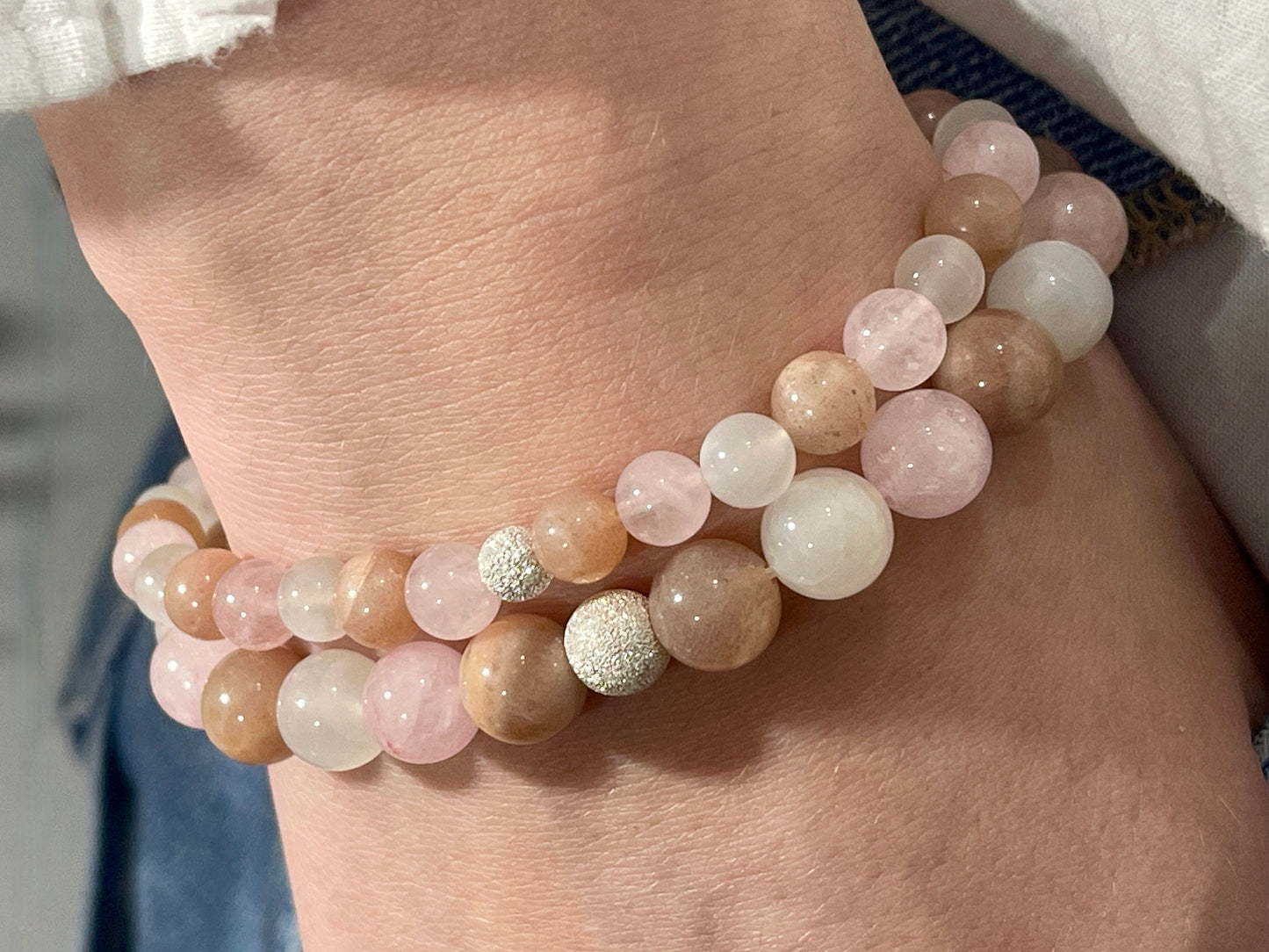 Armband Herzenswärme Rosenquarz Mondstein Sonnenstein echt 6mm mit 925er Sterling Silber Gold Roségold 5mm facettiert - Handmade