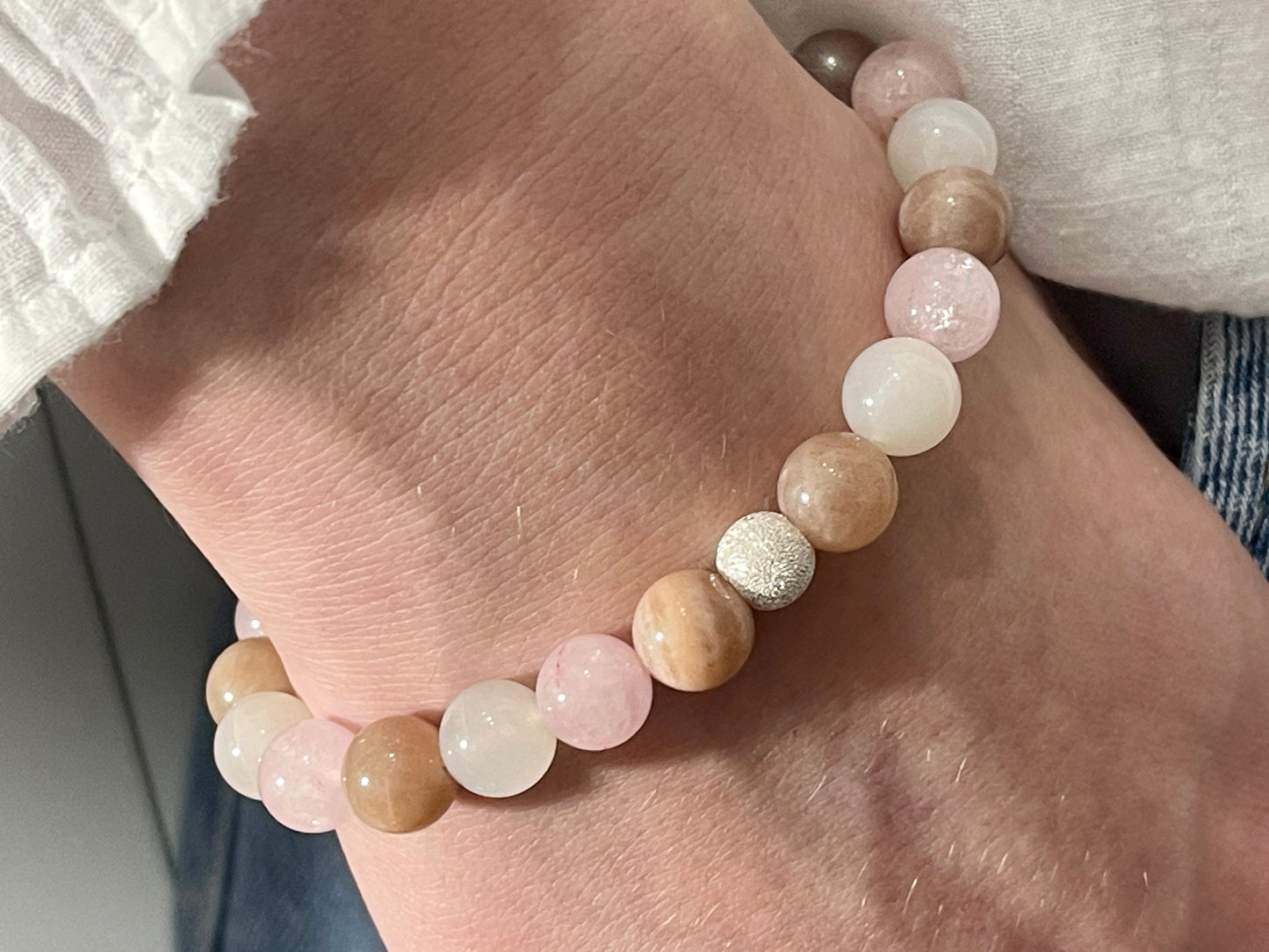 Armband Herzenswärme Rosenquarz Mondstein Sonnenstein echt 8mm mit 925er Sterling Silber Gold Roségold 7mm facettiert - Handmade