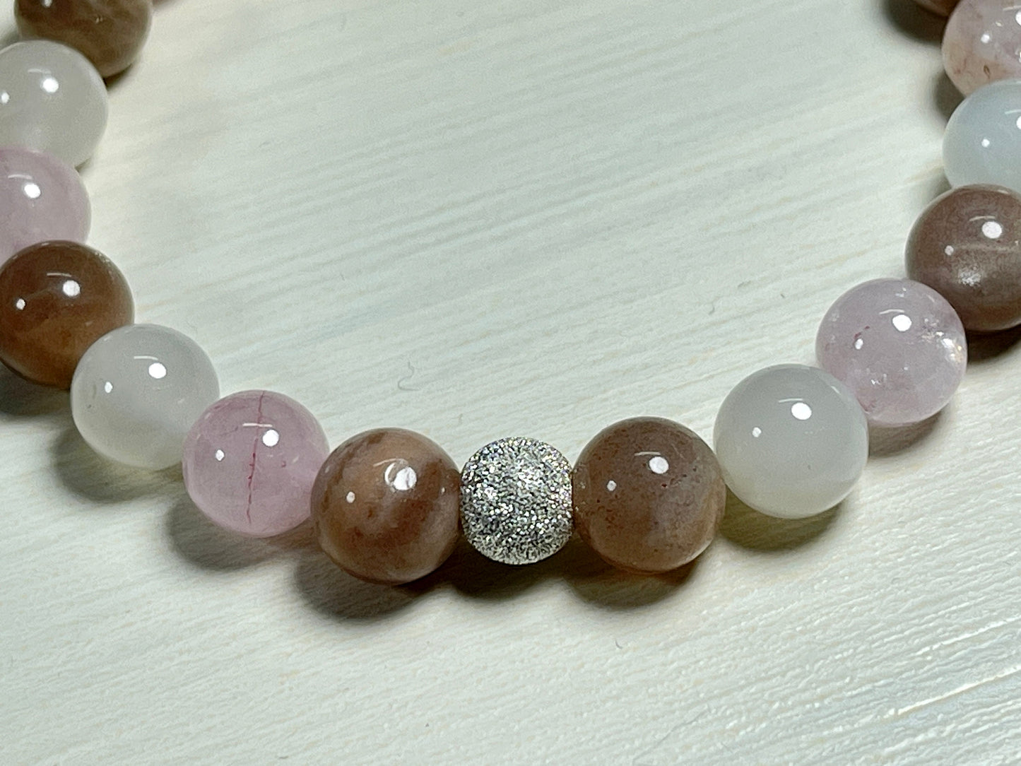 Armband Herzenswärme Rosenquarz Mondstein Sonnenstein echt 8mm mit 925er Sterling Silber Gold Roségold 7mm facettiert - Handmade