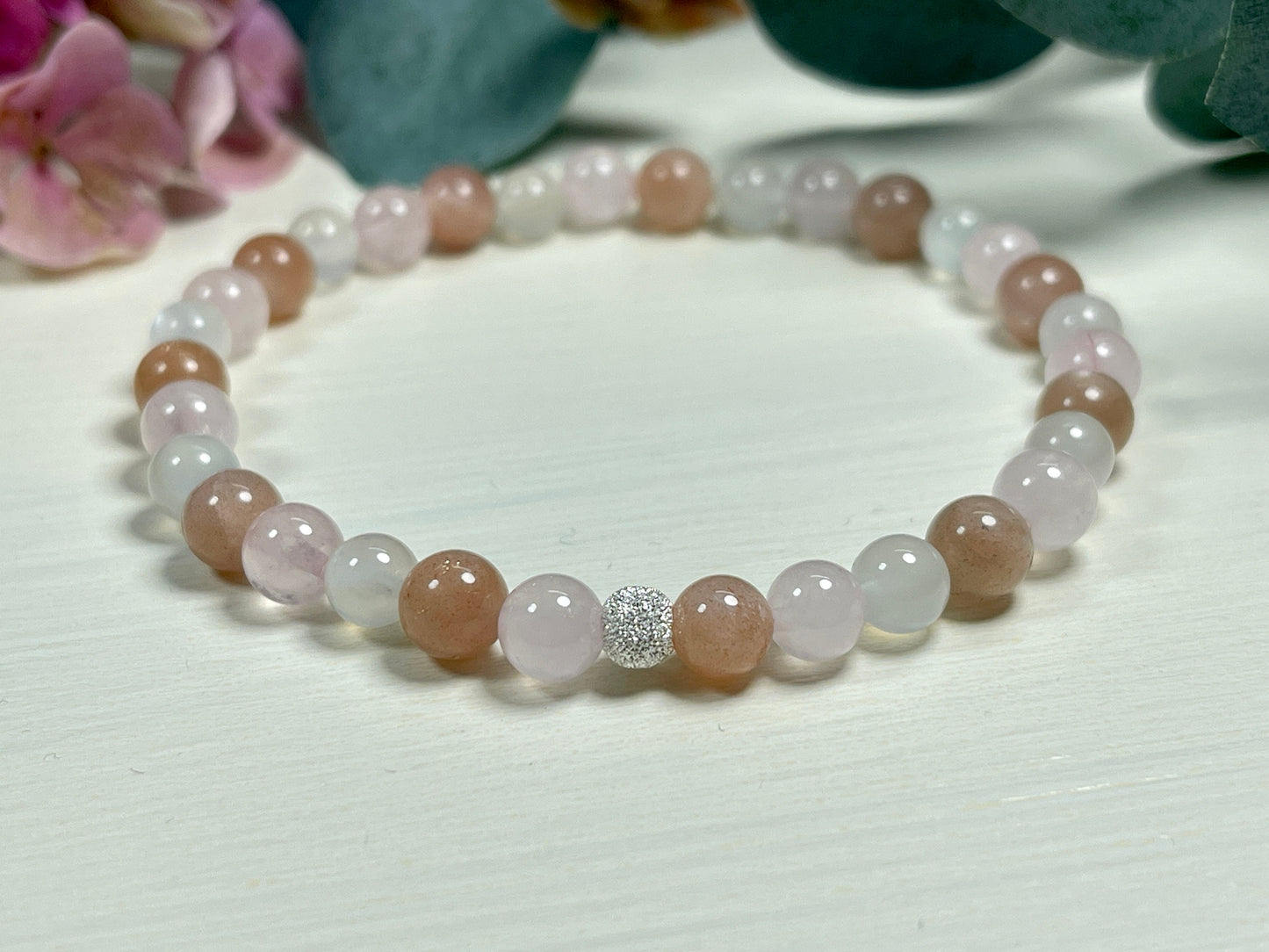 Armband Herzenswärme Rosenquarz Mondstein Sonnenstein echt 6mm mit 925er Sterling Silber Gold Roségold 5mm facettiert - Handmade