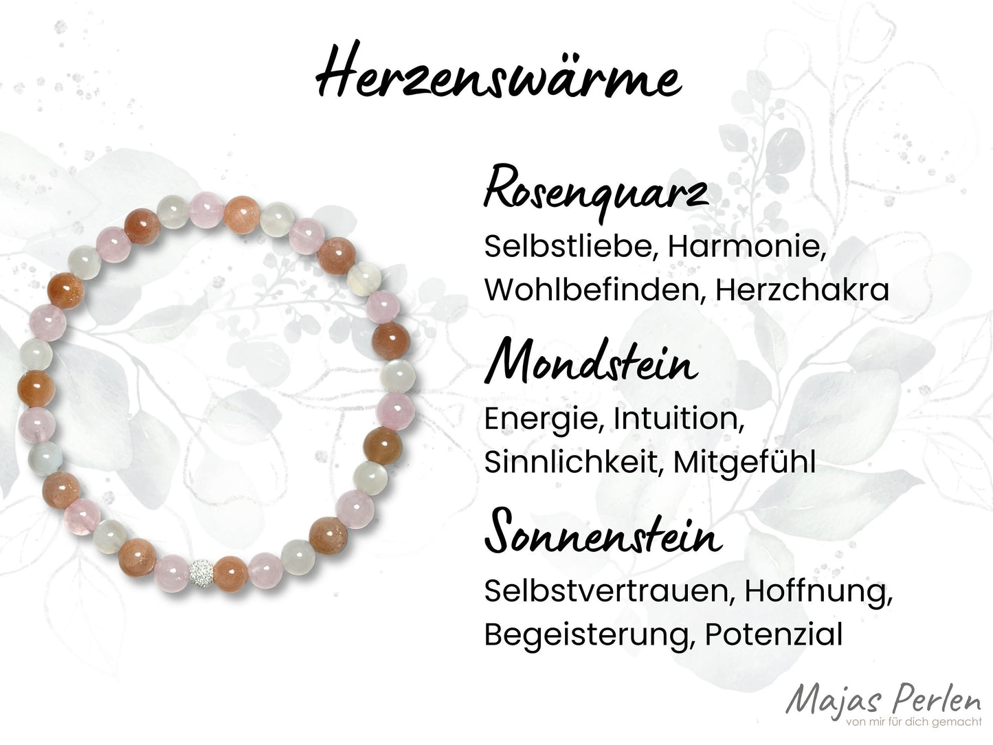 Armband Herzenswärme Rosenquarz Mondstein Sonnenstein echt 6mm mit 925er Sterling Silber Gold Roségold 5mm facettiert - Handmade