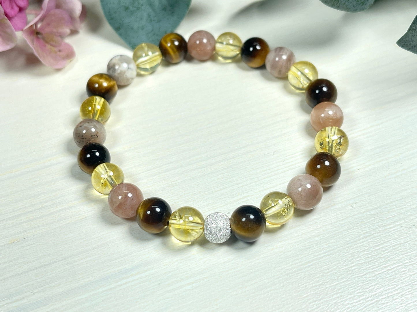Armband Optimismus Citrin Tigerauge Sonnenstein echt 8mm mit 925er Sterling Silber Gold Roségold 7mm facettiert - Handmade