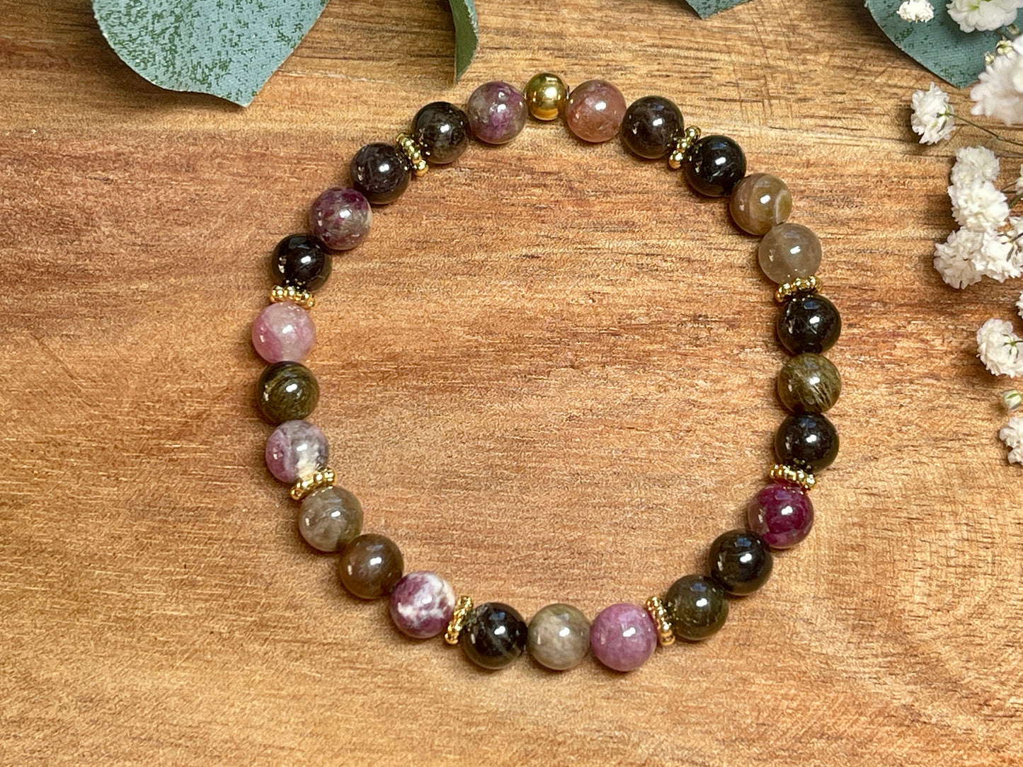Perlenarmband Wassermelonen Turmalin echt Daisyperlen Vergoldet - spirituelles Armband - Geschenk Schutzstein Kraft Stärke Glück Liebe