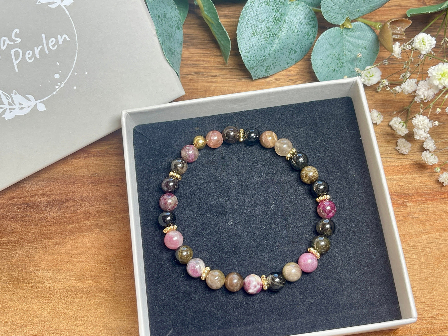 Perlenarmband Wassermelonen Turmalin echt Daisyperlen Vergoldet - spirituelles Armband - Geschenk Schutzstein Kraft Stärke Glück Liebe