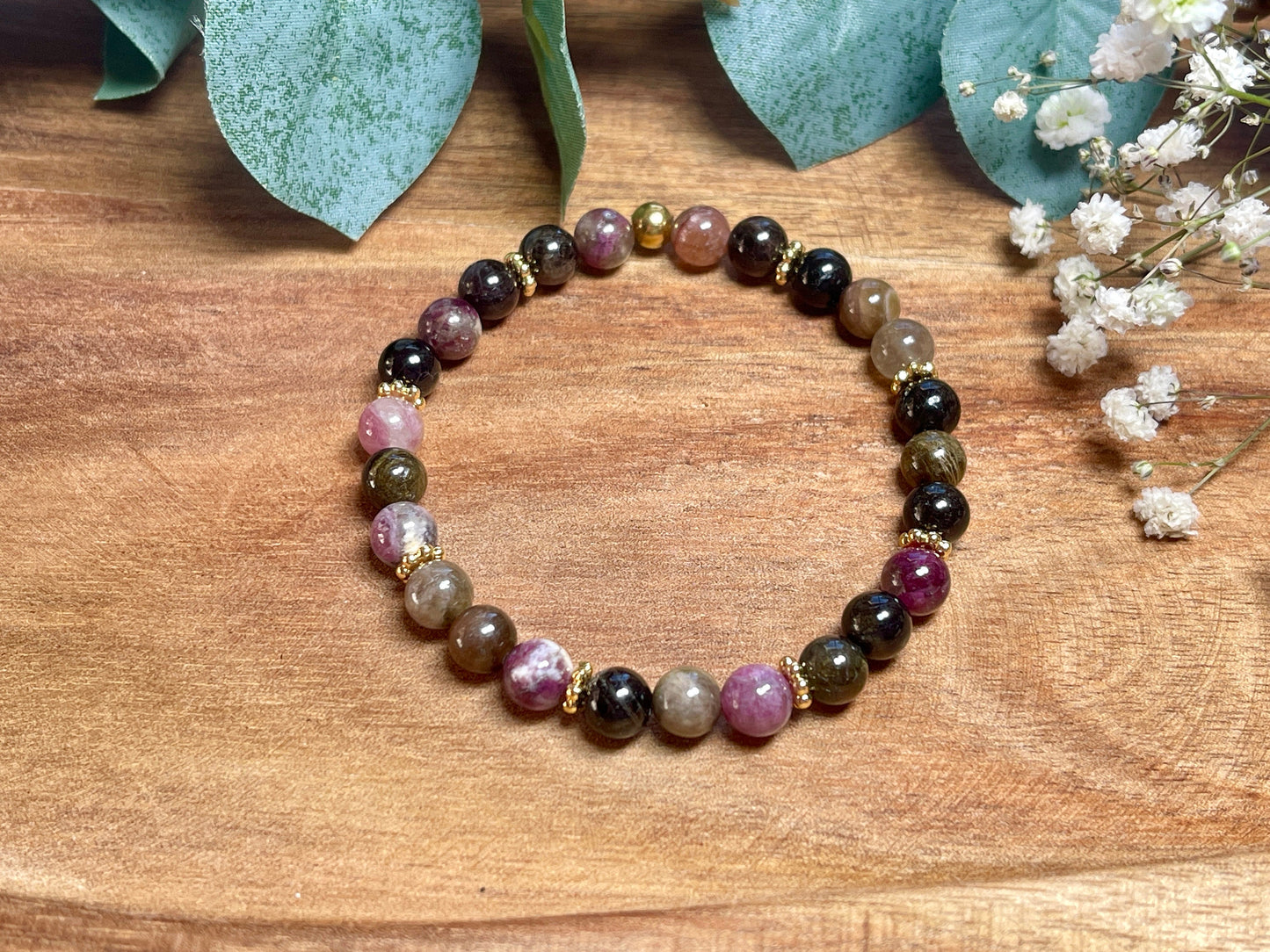 Perlenarmband Wassermelonen Turmalin echt Daisyperlen Vergoldet - spirituelles Armband - Geschenk Schutzstein Kraft Stärke Glück Liebe
