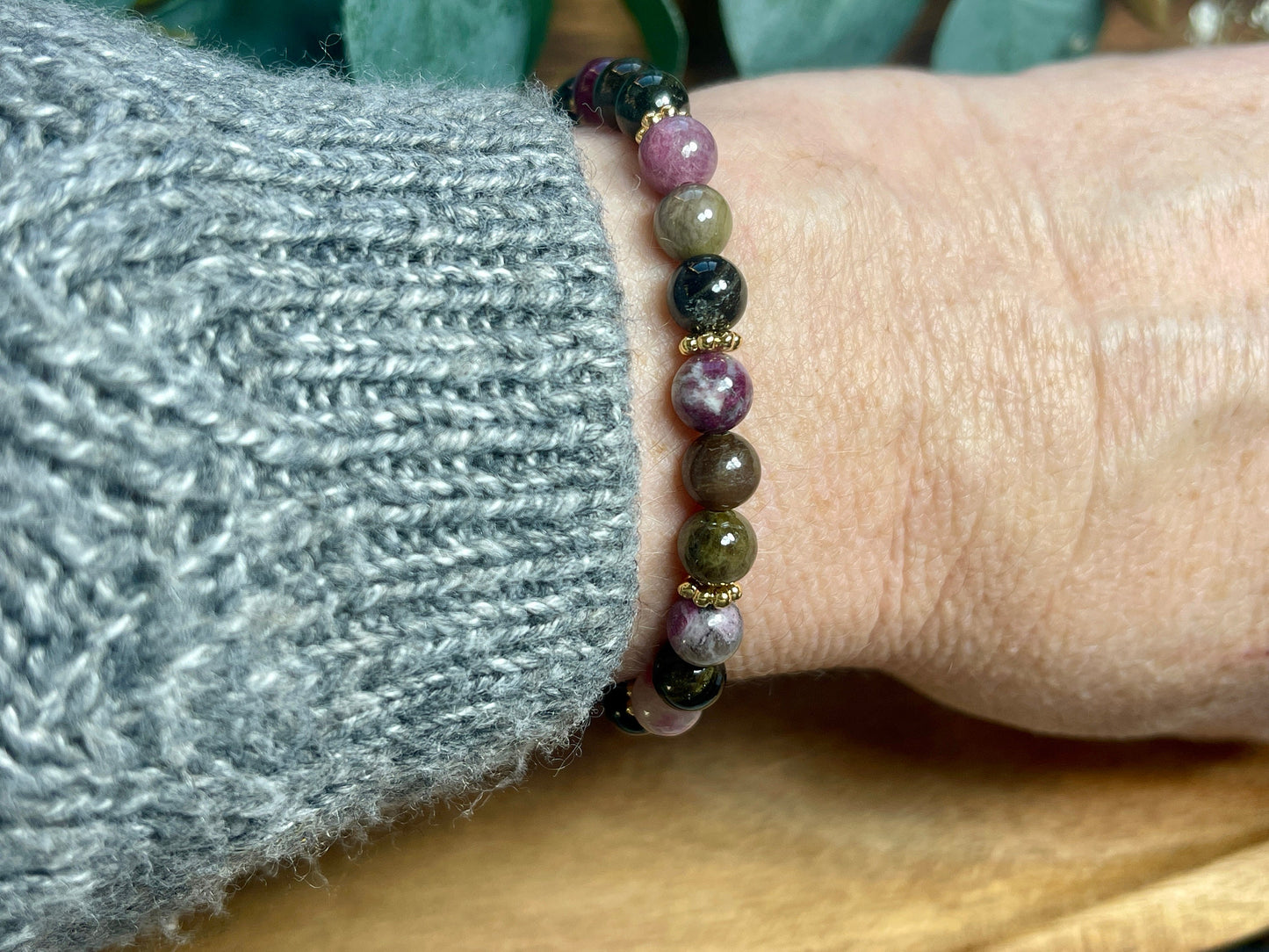 Perlenarmband Wassermelonen Turmalin echt Daisyperlen Vergoldet - spirituelles Armband - Geschenk Schutzstein Kraft Stärke Glück Liebe