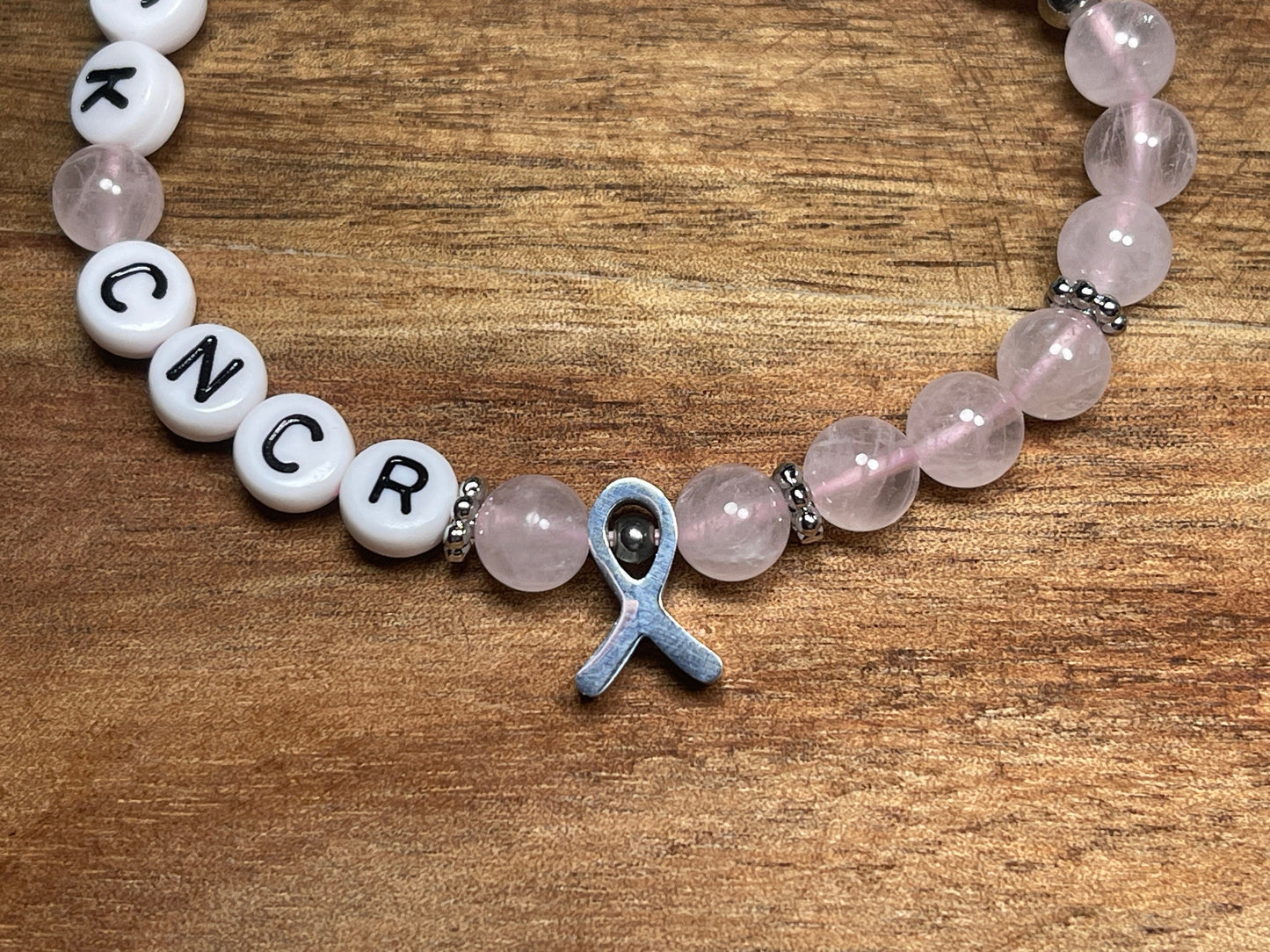 Armband Fuck Cancer Rosenquarz echte Naturperlen Krebsschleife - Geschenk Aufmunterung Genesung Talisman  - Glücksbringer Krebs Diagnose