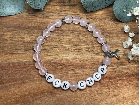 Armband Fuck Cancer Rosenquarz echte Naturperlen Krebsschleife - Geschenk Aufmunterung Genesung Talisman  - Glücksbringer Krebs Diagnose