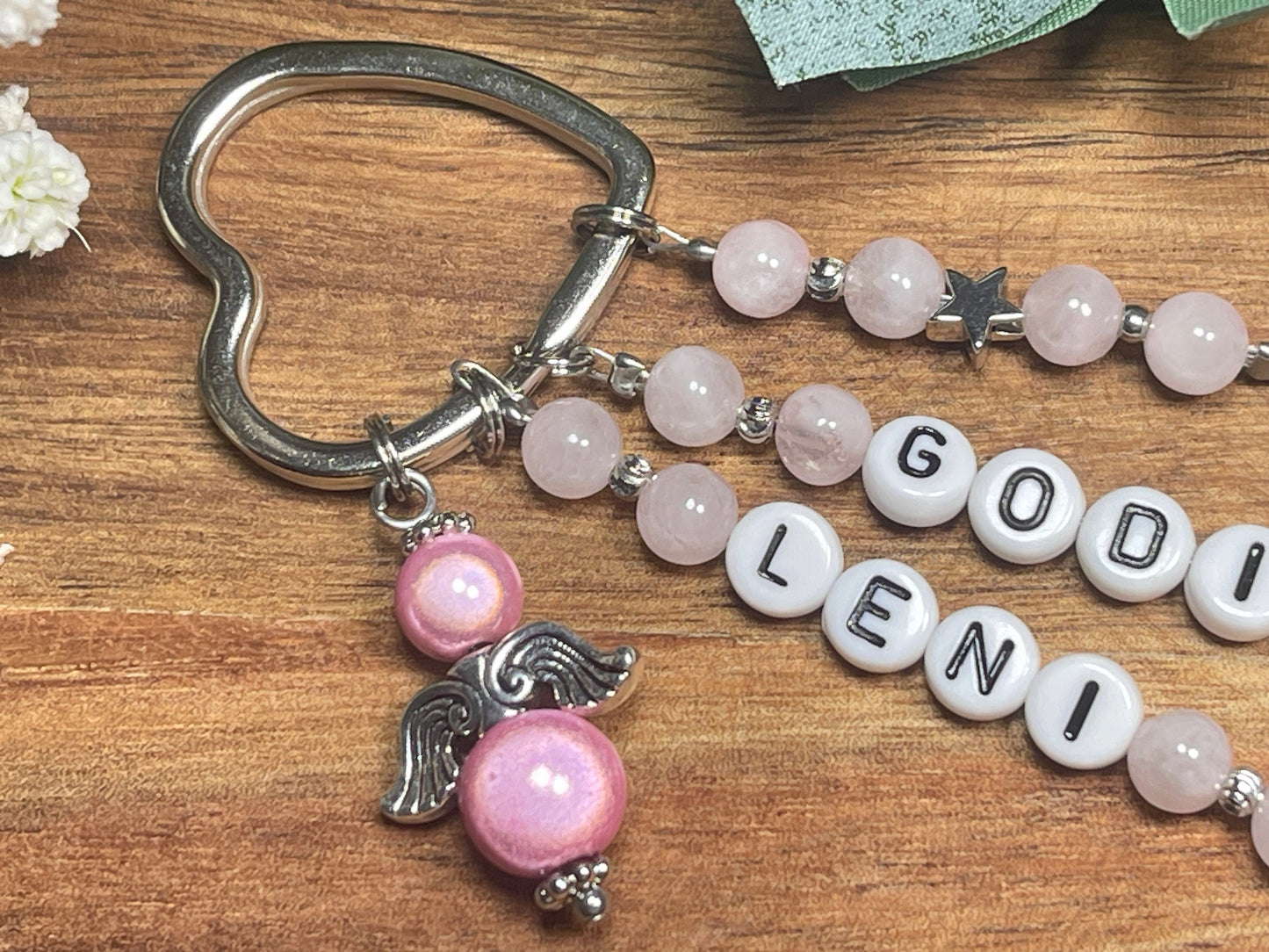 Schlüsselanhänger Godi und Name Rosenquarz - Geschenk Frage Patenschaft Patin Andenken Taufe Taufgeschenk -  Edelsteine wählbar anpassbar