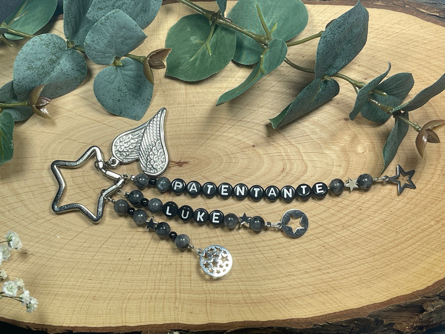 Schlüsselanhänger Patentante und Name Labradorit - Geschenk Frage Patenschaft Andenken Taufe Taufgeschenk -  Edelsteine wählbar anpassbar