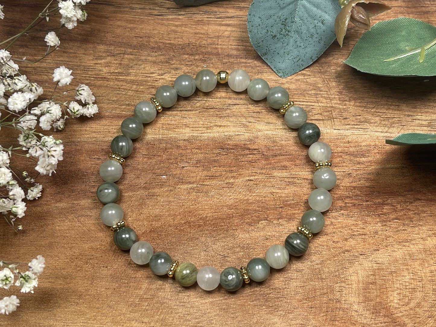 Armband Rutilquarz mit Perlen 6mm Daisyperlen echt Platiniert oder Vergoldet - Handmade Perlenarmband Ausgeglichenheit innere Ruhe Mut