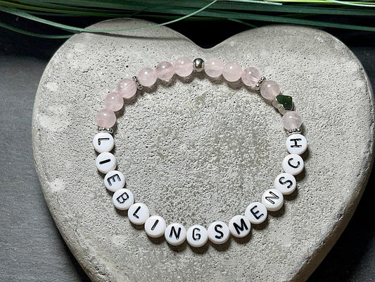 Armband Rosenquarz Lieblingsmensch - Herz echt platiniert - Geschenk Lieblingsmensch Liebe - Perlenarmband mit Namen - viele Edelsteine