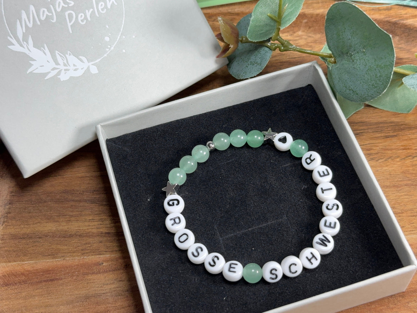 Armband Große Schwester Aventurin Sterne Platiniert - Geschenk Familie Geburt Geschwisterkind Little Sister - diverse Edelsteine