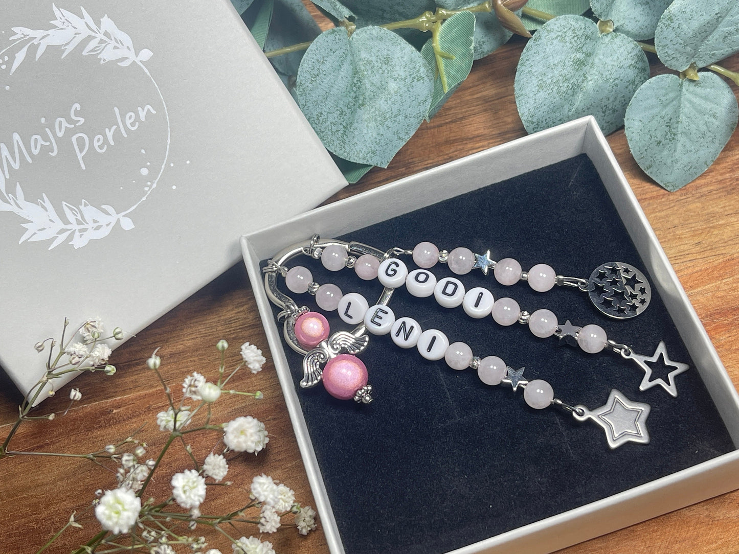 Schlüsselanhänger Godi und Name Rosenquarz - Geschenk Frage Patenschaft Patin Andenken Taufe Taufgeschenk -  Edelsteine wählbar anpassbar