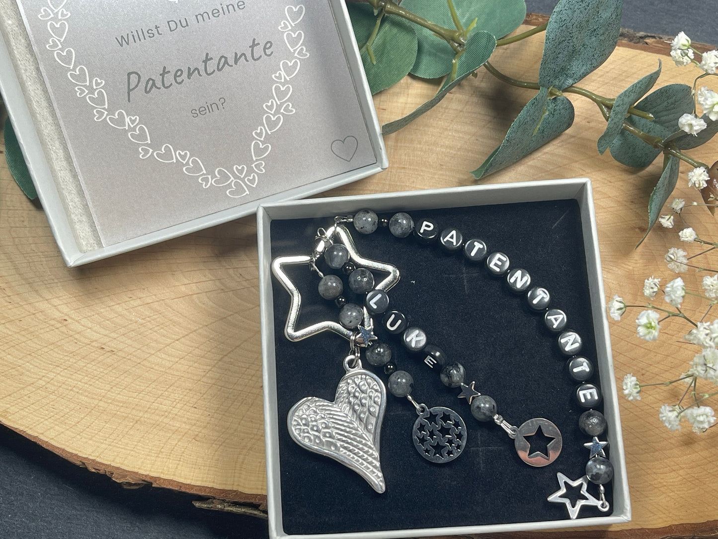 Schlüsselanhänger Patentante und Name Labradorit - Geschenk Frage Patenschaft Andenken Taufe Taufgeschenk -  Edelsteine wählbar anpassbar
