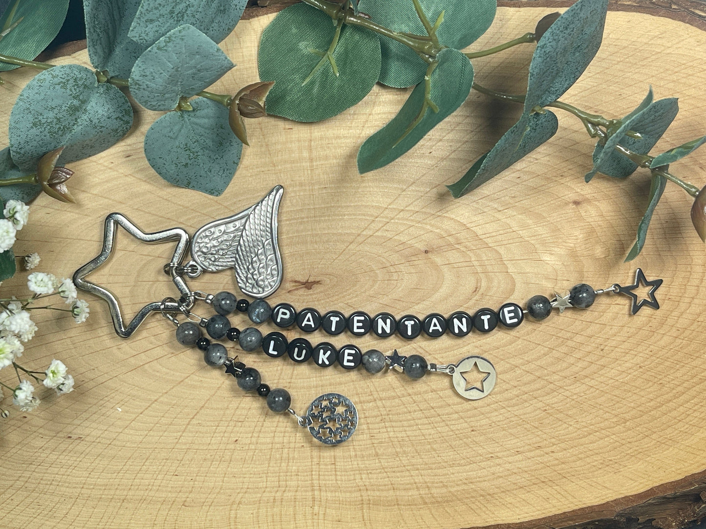 Schlüsselanhänger Patentante und Name Labradorit - Geschenk Frage Patenschaft Andenken Taufe Taufgeschenk -  Edelsteine wählbar anpassbar