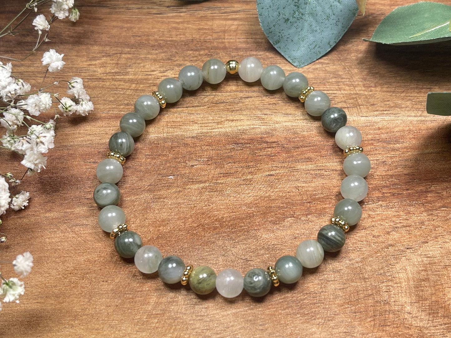 Armband Rutilquarz mit Perlen 6mm Daisyperlen echt Platiniert oder Vergoldet - Handmade Perlenarmband Ausgeglichenheit innere Ruhe Mut