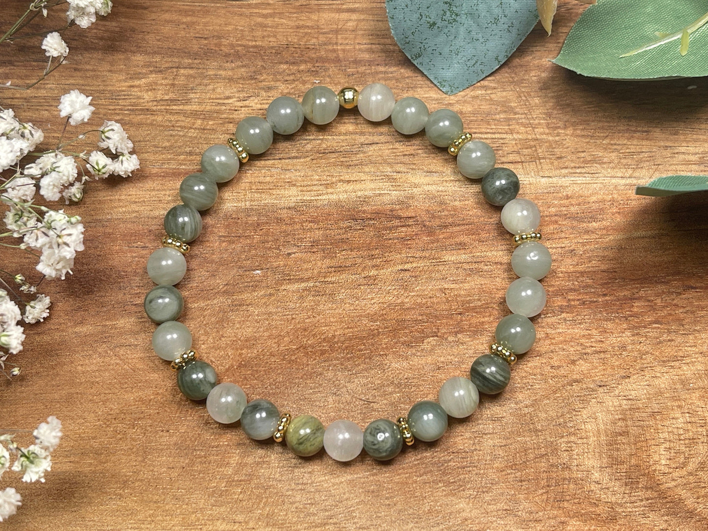 Armband Rutilquarz mit Perlen 6mm Daisyperlen echt Platiniert oder Vergoldet - Handmade Perlenarmband Ausgeglichenheit innere Ruhe Mut