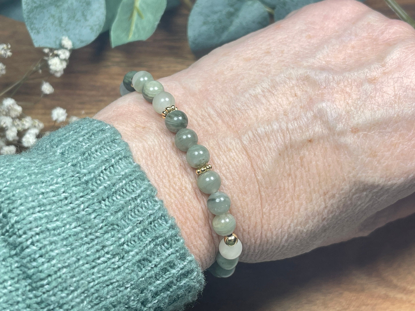 Armband Rutilquarz mit Perlen 6mm Daisyperlen echt Platiniert oder Vergoldet - Handmade Perlenarmband Ausgeglichenheit innere Ruhe Mut
