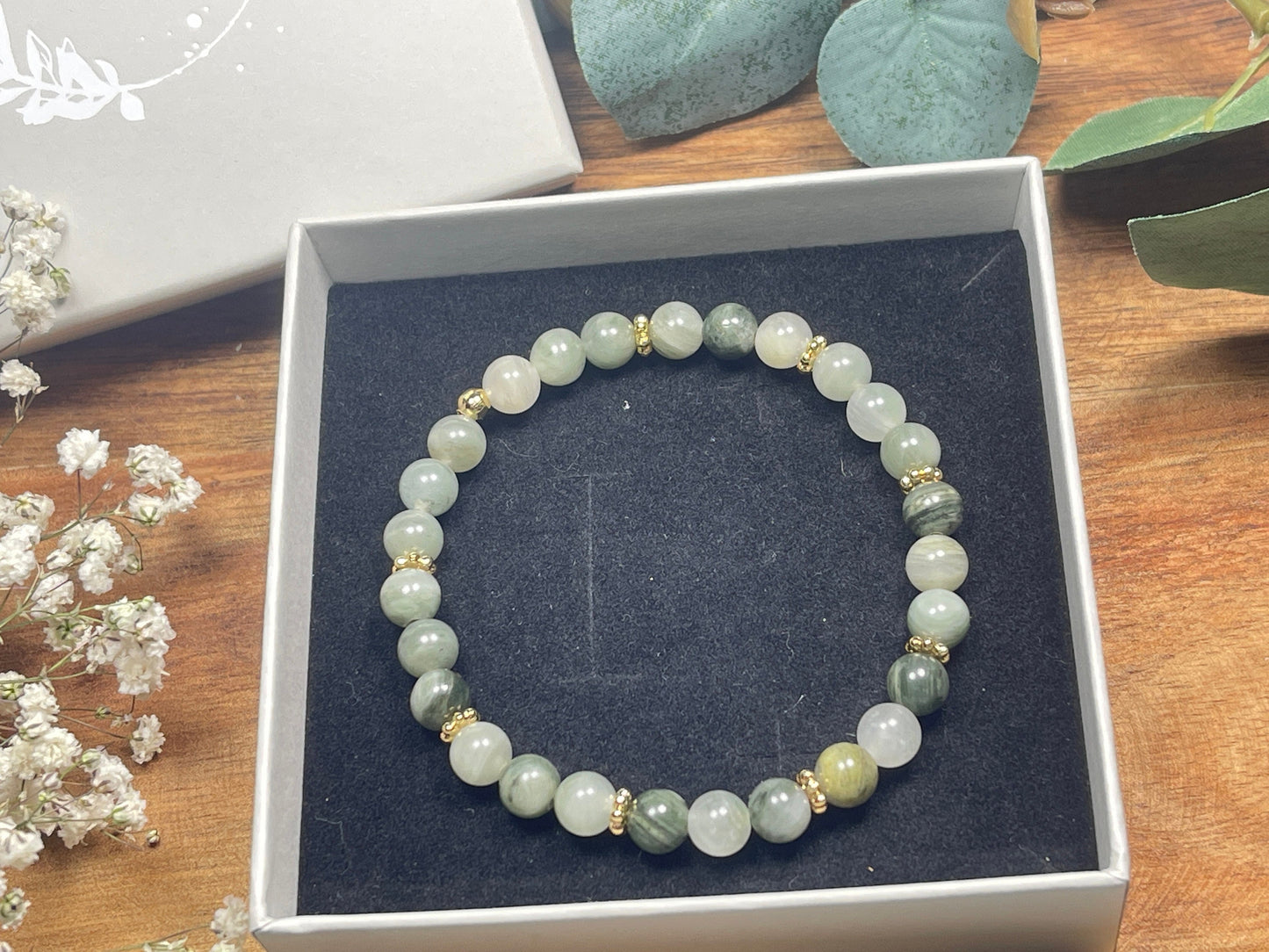 Armband Rutilquarz mit Perlen 6mm Daisyperlen echt Platiniert oder Vergoldet - Handmade Perlenarmband Ausgeglichenheit innere Ruhe Mut