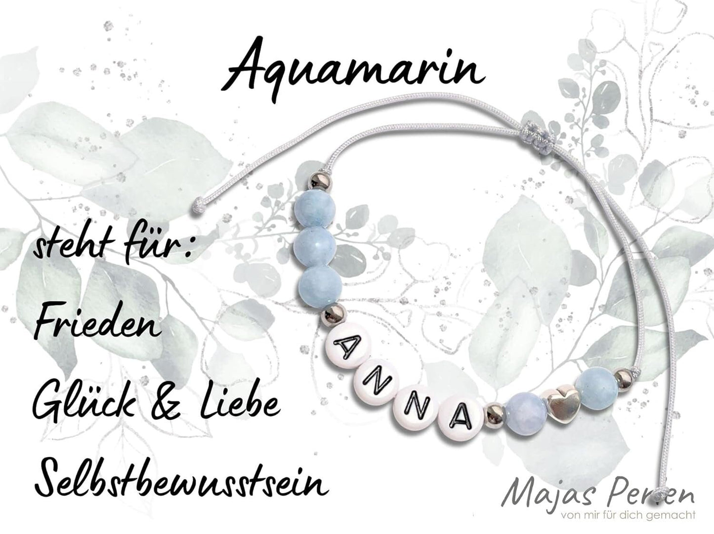 Majas Perlen Armband mit Namen Aquamarin Herz DQ - alle Größen einstellbar XS bis XXL - echte Edelsteine und Edelstahl - Unisex