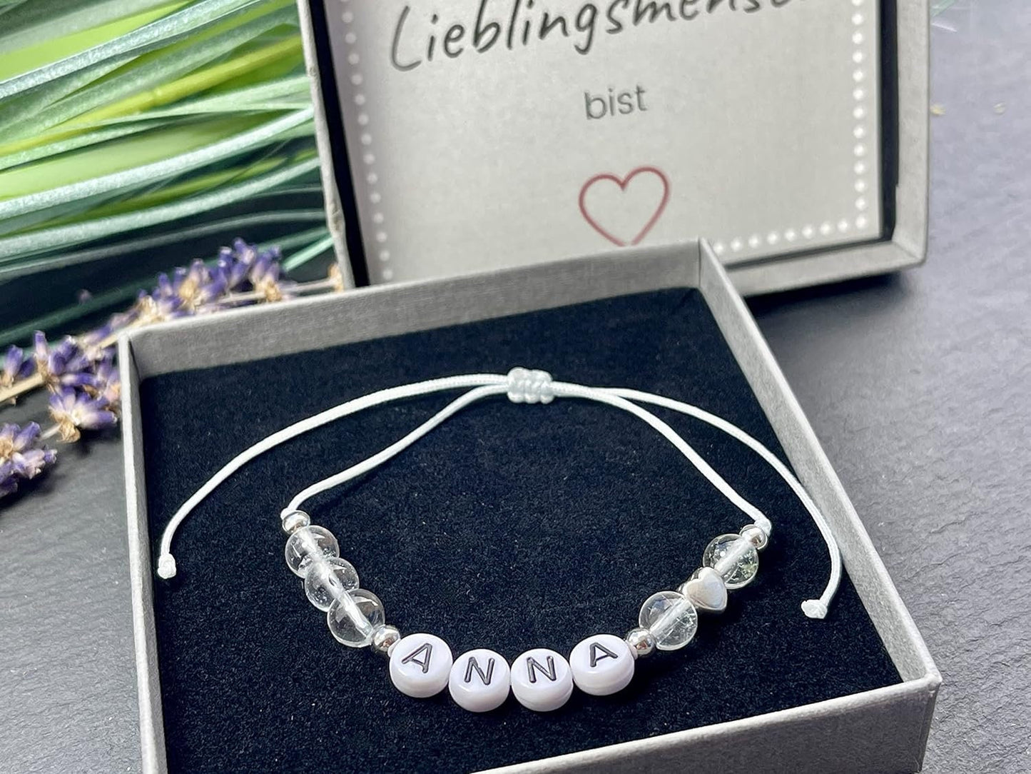 Majas Perlen Armband mit Namen Bergkristall Herz DQ - alle Größen einstellbar XS bis XXL - echte Edelsteine und Edelstahl - Unisex