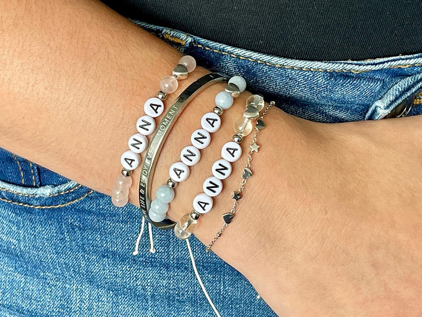 Majas Perlen Armband mit Namen Bergkristall Herz DQ - alle Größen einstellbar XS bis XXL - echte Edelsteine und Edelstahl - Unisex