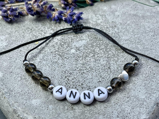 Majas Perlen Armband mit Namen Rauchquarz Herz DQ - alle Größen einstellbar XS bis XXL - echte Edelsteine und Edelstahl - Unisex