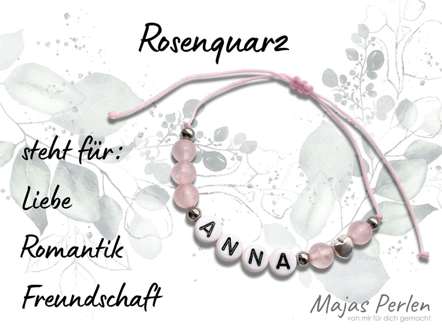 Majas Perlen Armband mit Namen Rosenquarz Herz DQ - alle Größen einstellbar XS bis XXL - echte Edelsteine und Edelstahl - Unisex