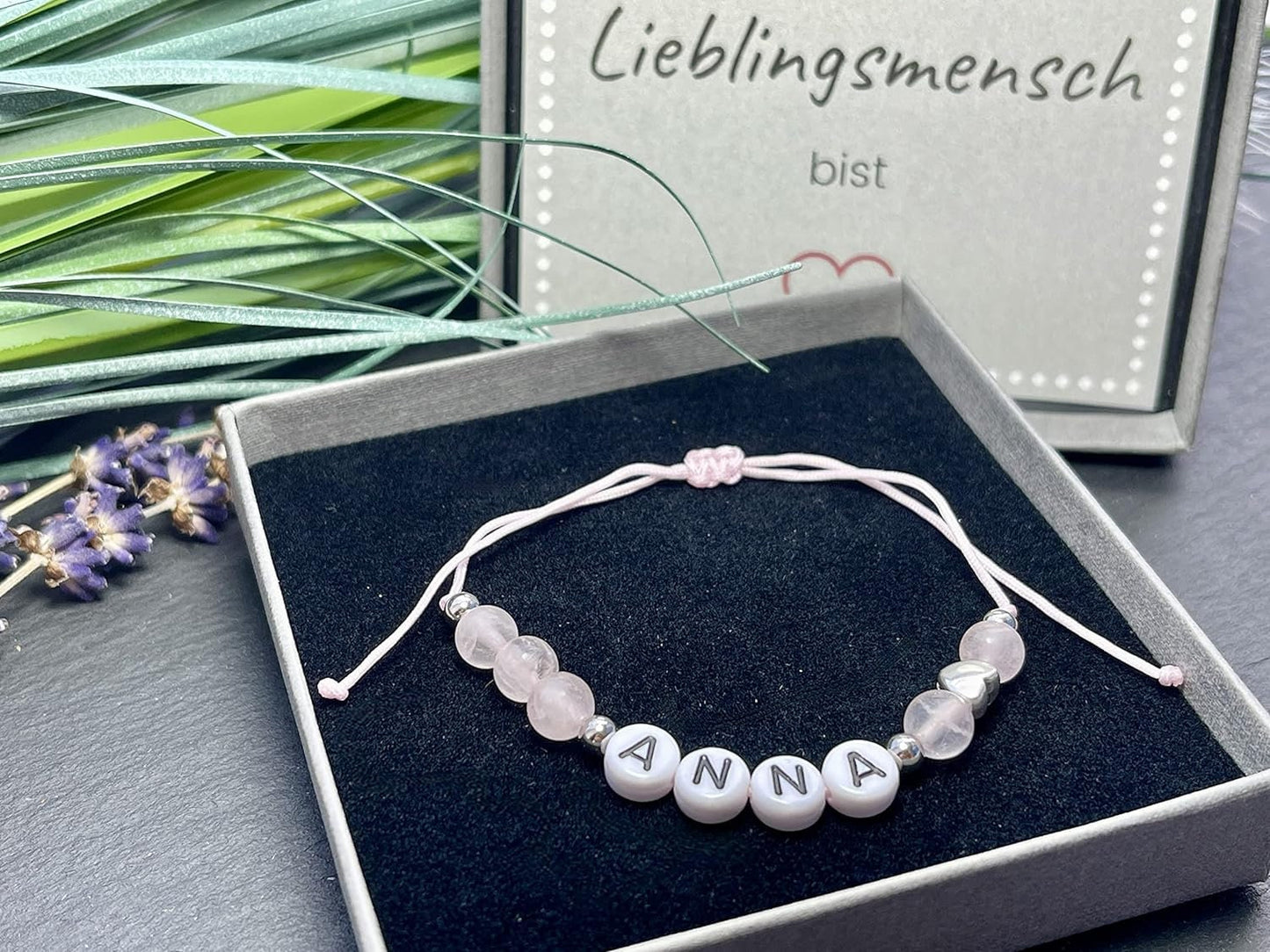 Majas Perlen Armband mit Namen Rosenquarz Herz DQ - alle Größen einstellbar XS bis XXL - echte Edelsteine und Edelstahl - Unisex