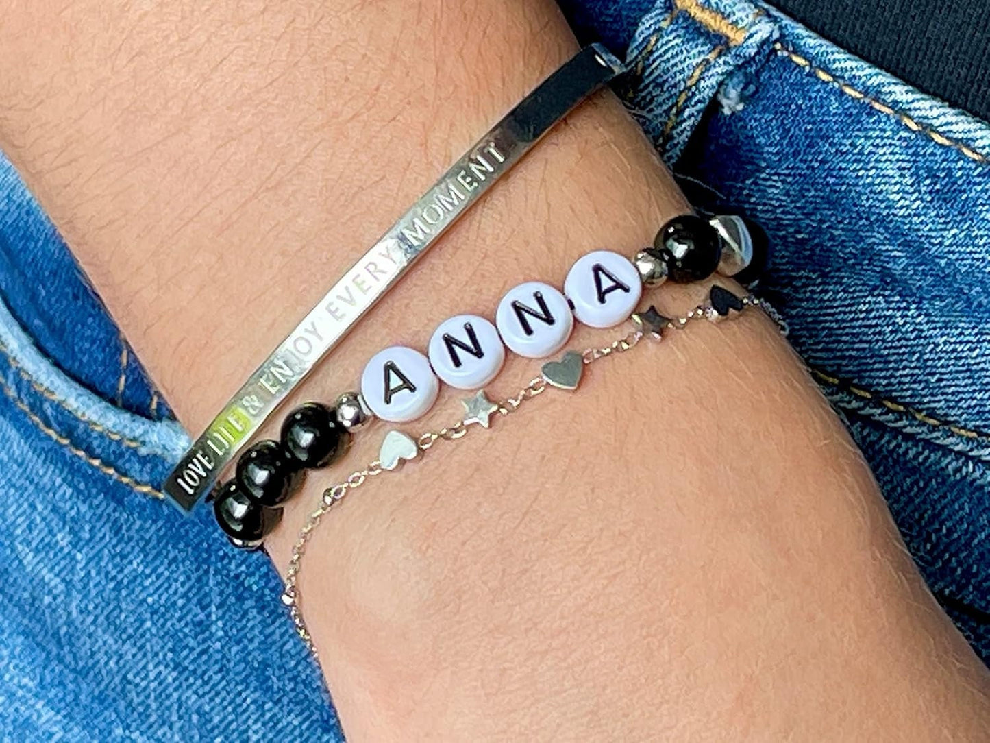 Majas Perlen Armband mit Namen Turmalin Schwarz Herz DQ - alle Größen einstellbar XS bis XXL - echte Edelsteine und Edelstahl - Unisex