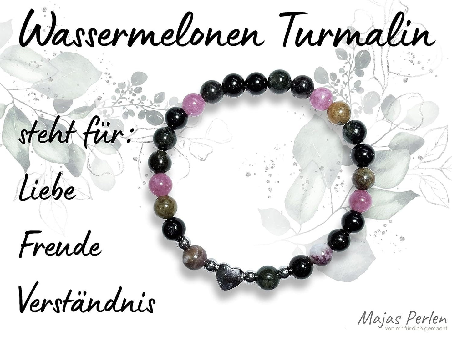 Armband Wassermelonen Turmalin Herz Edelstahl Silber - Perlenarmband Liebe Freude Verständnis - Spiritueller Schmuck Damen Mädchen