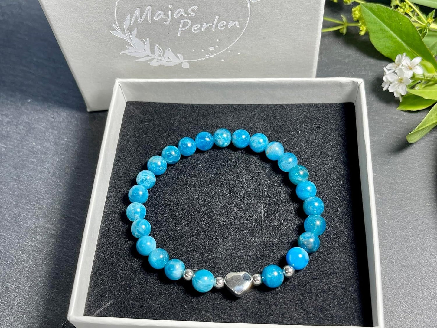 Armband Apatit Herz Edelstahl Silber - Perlenarmband Offenheit Lebendigkeit Kontaktfreude - Spiritueller Schmuck Damen Mädchen
