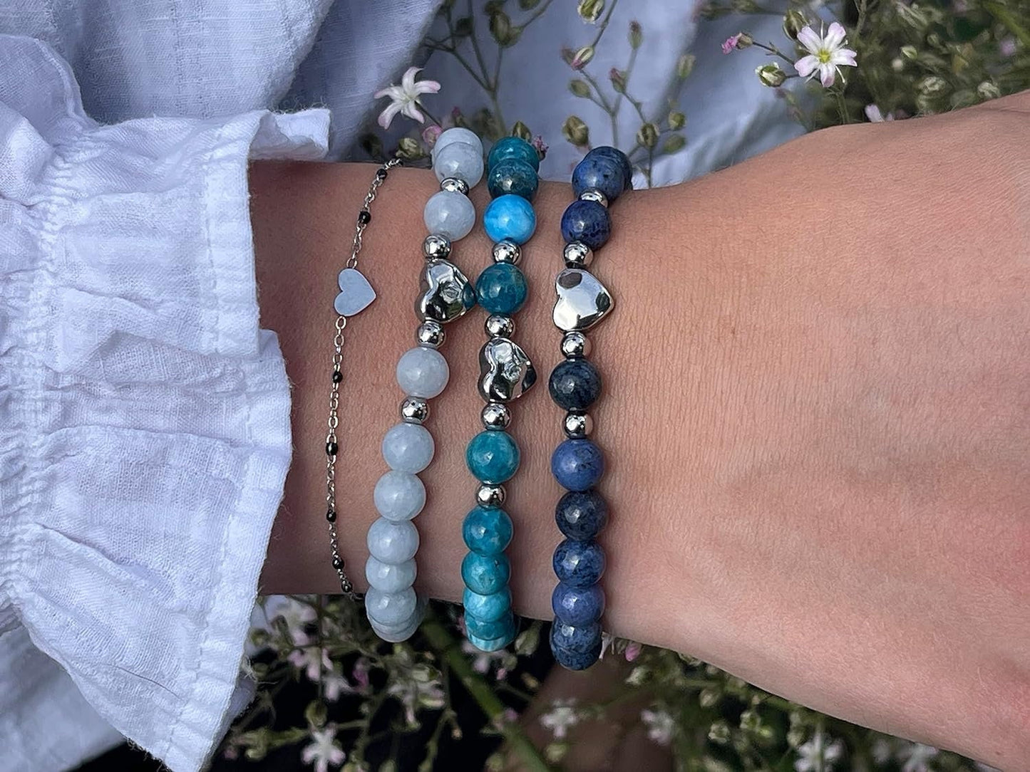 Armband Aquamarin Herz Edelstahl Silber - Perlenarmband Selbstbewusstsein Liebe Glück Frieden - Spiritueller Schmuck Damen Mädchen