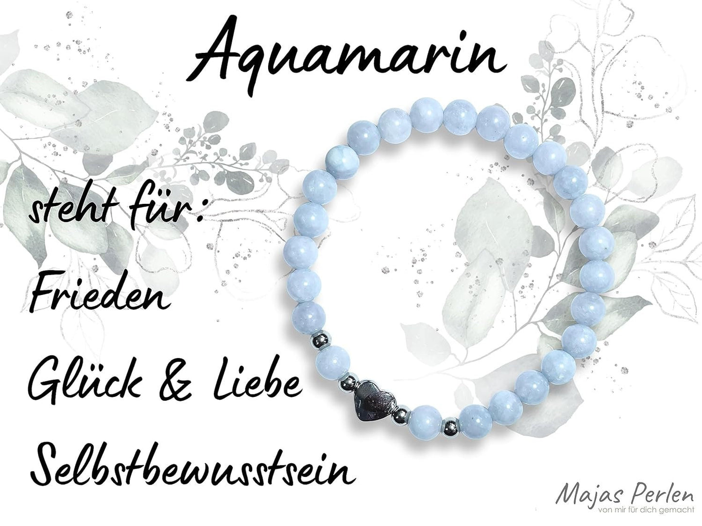 Armband Aquamarin Herz Edelstahl Silber - Perlenarmband Selbstbewusstsein Liebe Glück Frieden - Spiritueller Schmuck Damen Mädchen