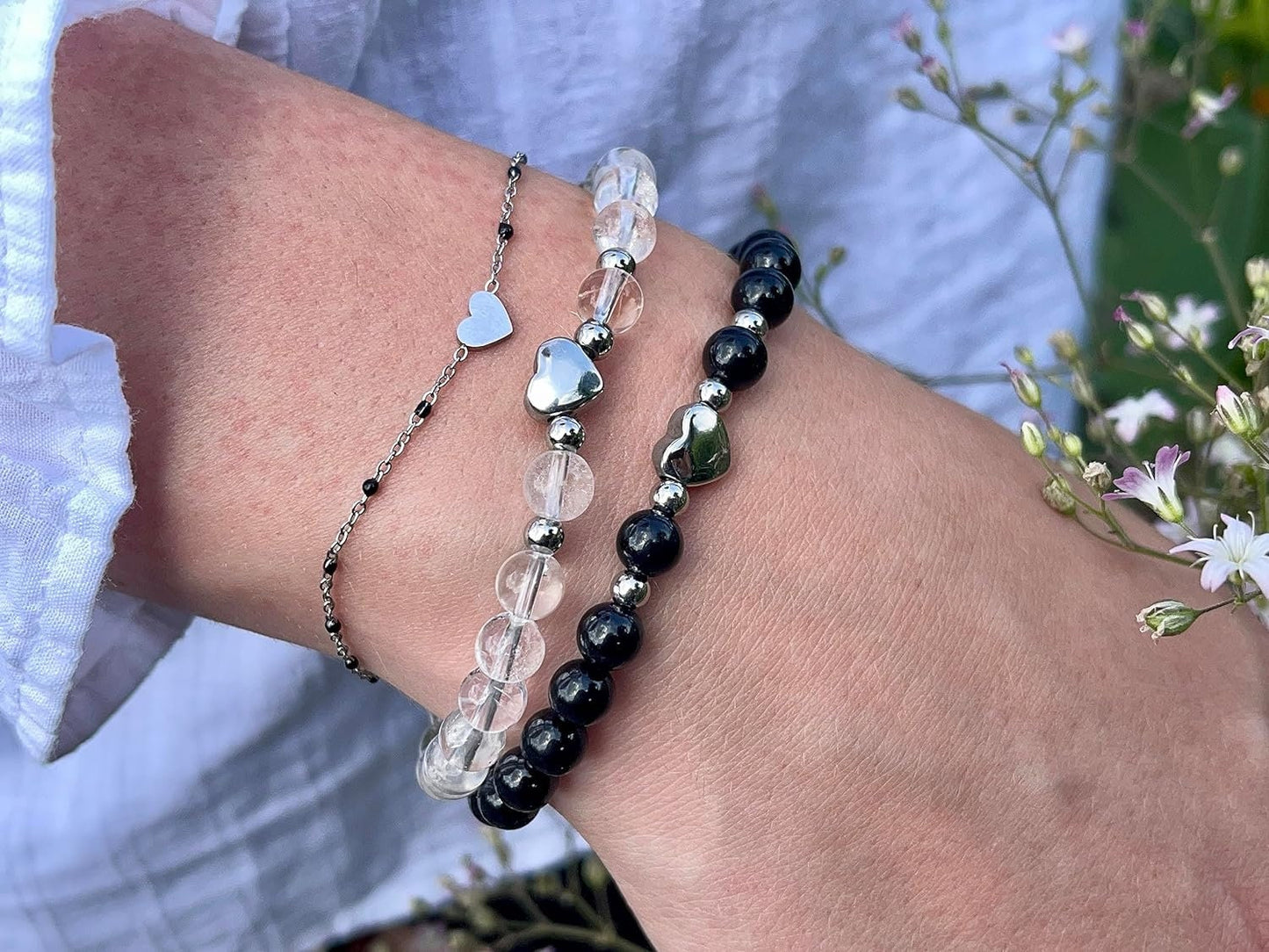 Armband Bergkristall Herz Edelstahl Silber - Perlenarmband Selbstbewusstsein Liebe Glück Frieden - Spiritueller Schmuck Damen Mädchen