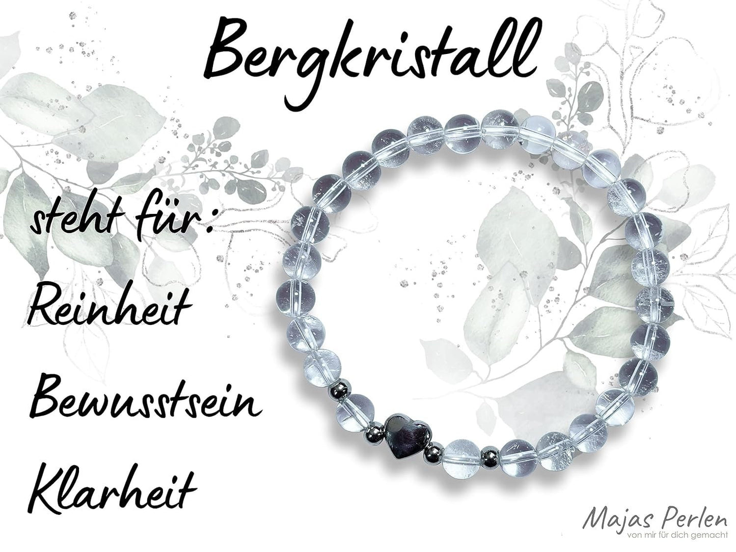 Armband Bergkristall Herz Edelstahl Silber - Perlenarmband Selbstbewusstsein Liebe Glück Frieden - Spiritueller Schmuck Damen Mädchen