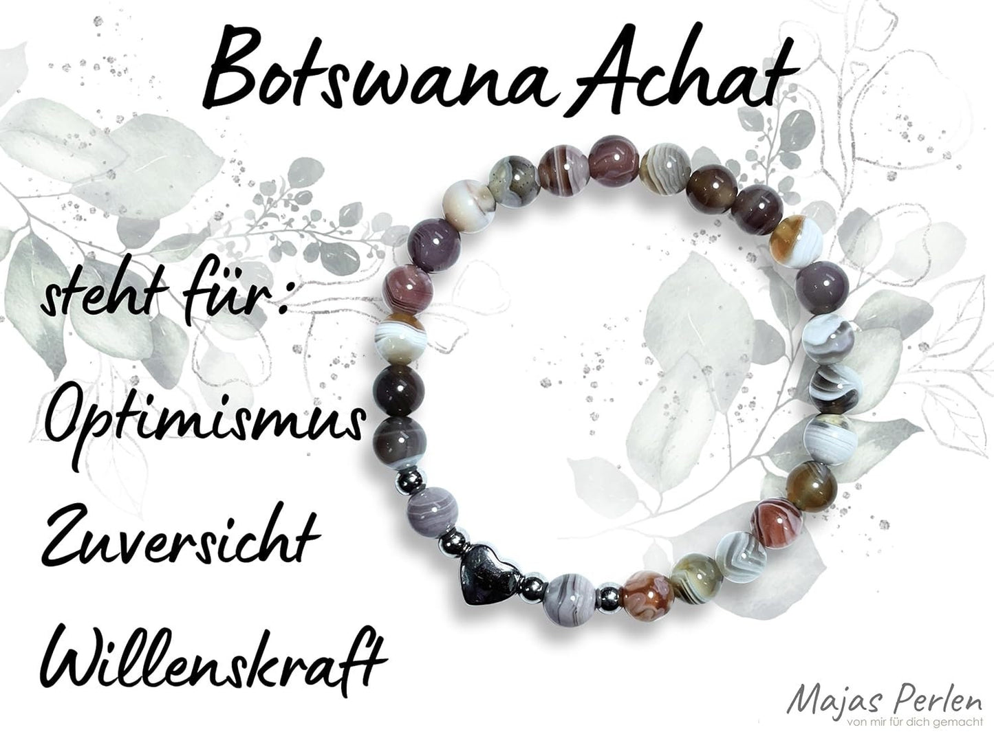 Armband Botswana Achat Herz Edelstahl Silber - Perlenarmband Willenskraft Optimismus Zuversicht - Spiritueller Schmuck Damen Mädchen