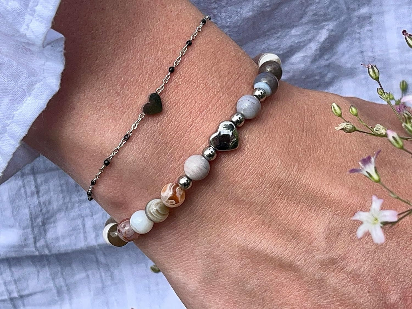 Armband Botswana Achat Herz Edelstahl Silber - Perlenarmband Willenskraft Optimismus Zuversicht - Spiritueller Schmuck Damen Mädchen