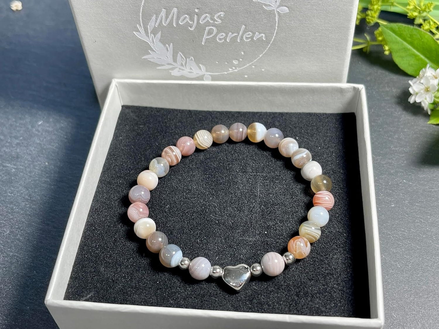 Armband Botswana Achat Herz Edelstahl Silber - Perlenarmband Willenskraft Optimismus Zuversicht - Spiritueller Schmuck Damen Mädchen