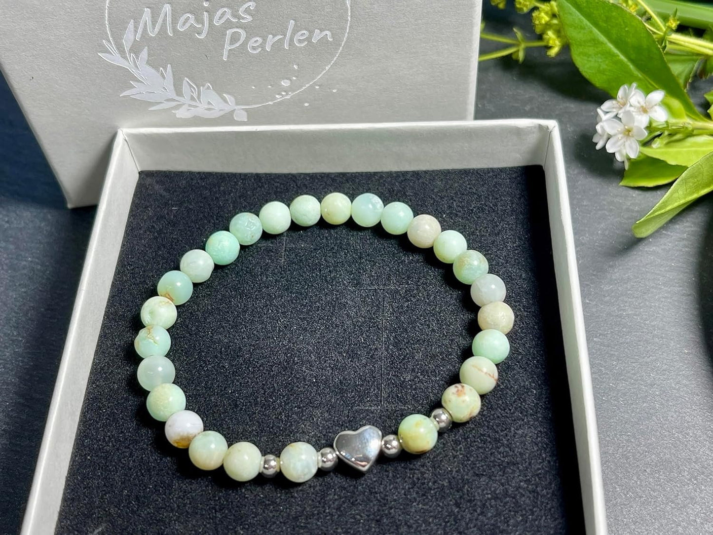 Armband Chrysopras Herz Edelstahl Silber - Perlenarmband Vertrauen Geborgenheit Selbstvertrauen - Spiritueller Schmuck Damen Mädchen