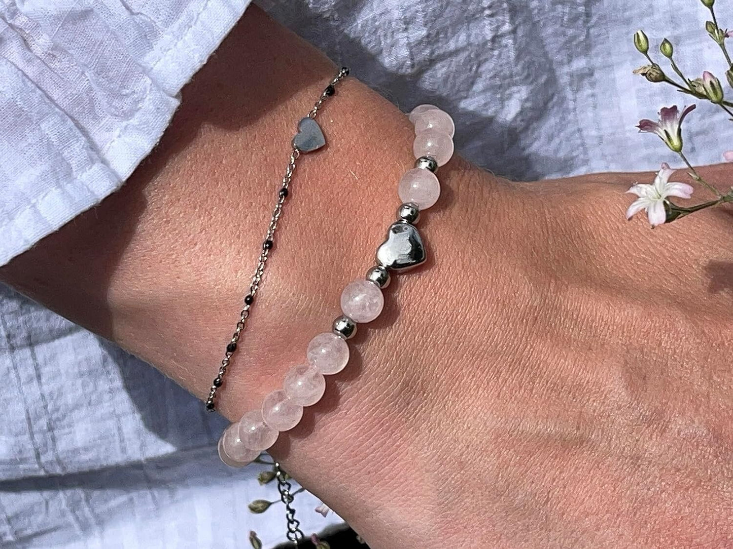Armband Rosenquarz Herz Edelstahl Silber - Perlenarmband Liebe Freundschaft Romantik - Spiritueller Schmuck Damen Mädchen