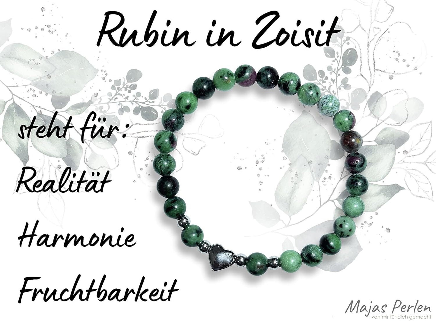 Armband Rubin in Zoisit Herz Edelstahl Silber - Perlenarmband Realität Harmonie Fruchtbarkeit - Spiritueller Schmuck Damen Mädchen