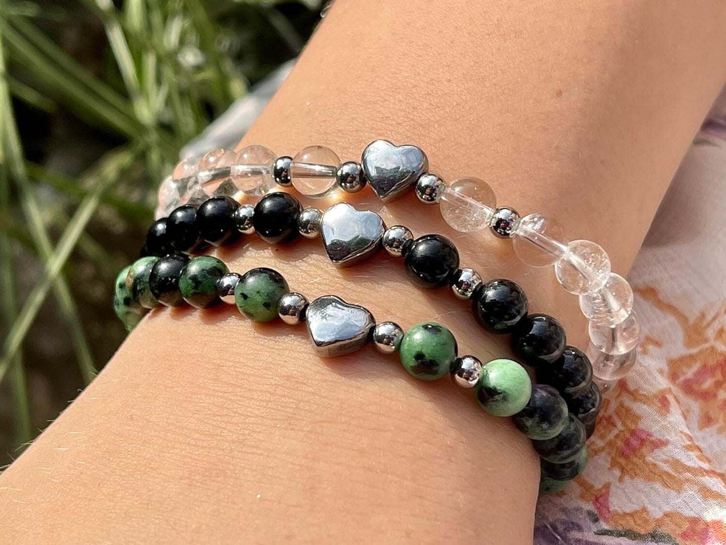 Armband Rubin in Zoisit Herz Edelstahl Silber - Perlenarmband Realität Harmonie Fruchtbarkeit - Spiritueller Schmuck Damen Mädchen
