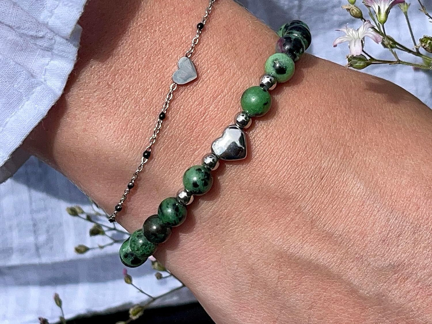 Armband Rubin in Zoisit Herz Edelstahl Silber - Perlenarmband Realität Harmonie Fruchtbarkeit - Spiritueller Schmuck Damen Mädchen